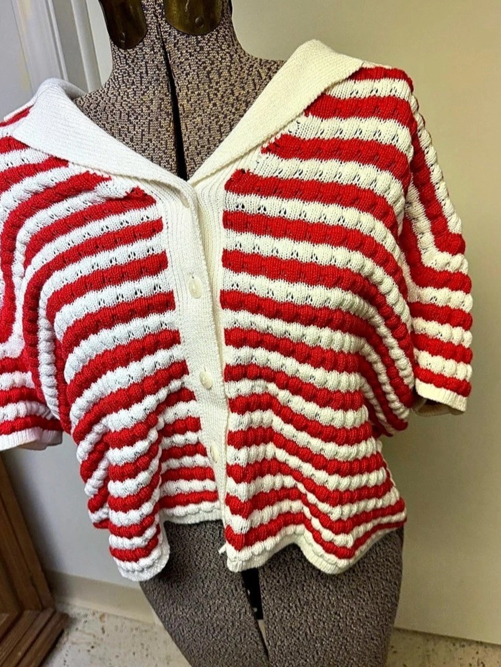 Old Navy Button-Down Crochet Sweater Striped Cardigan Red & White 2X